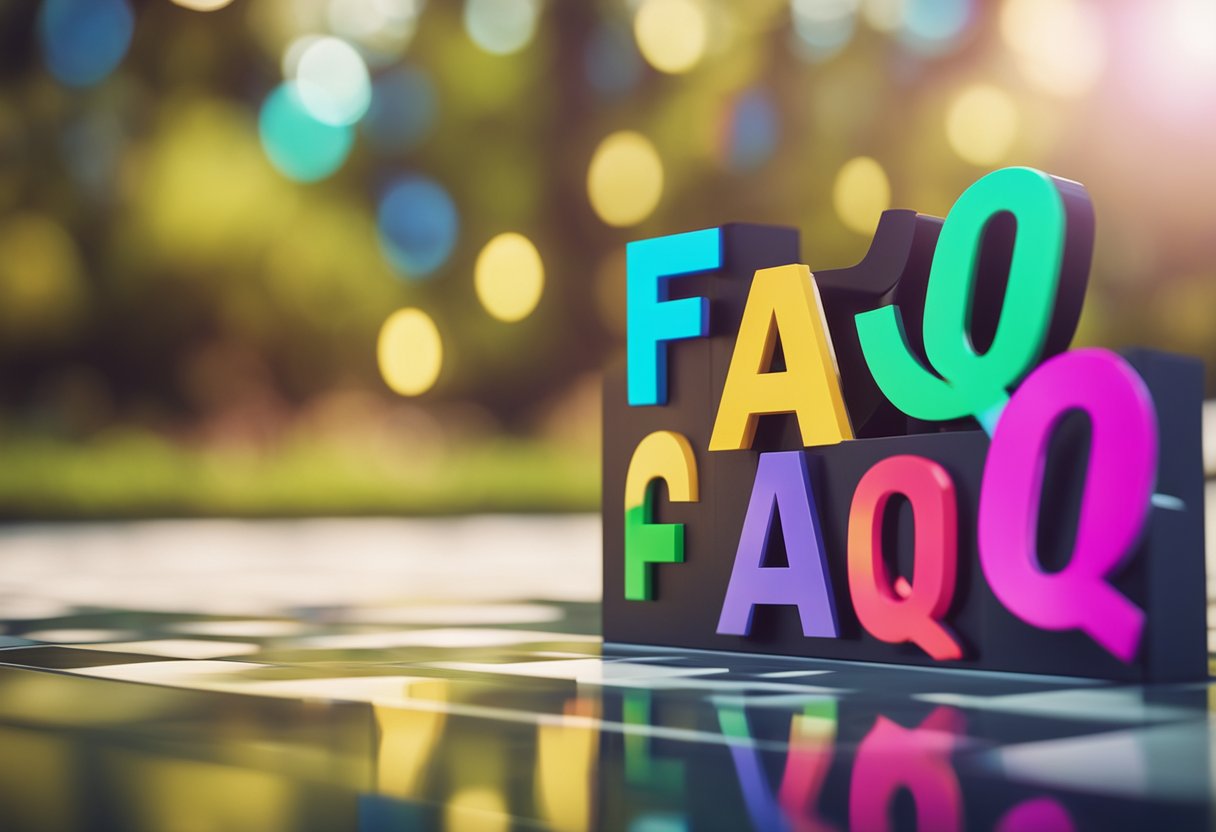 A colorful FAQ sign surrounded by floating question marks