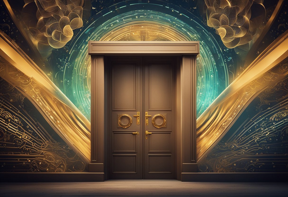 A door with a glowing threshold, surrounded by swirling colors and patterns, representing sensory transduction and psychological limits