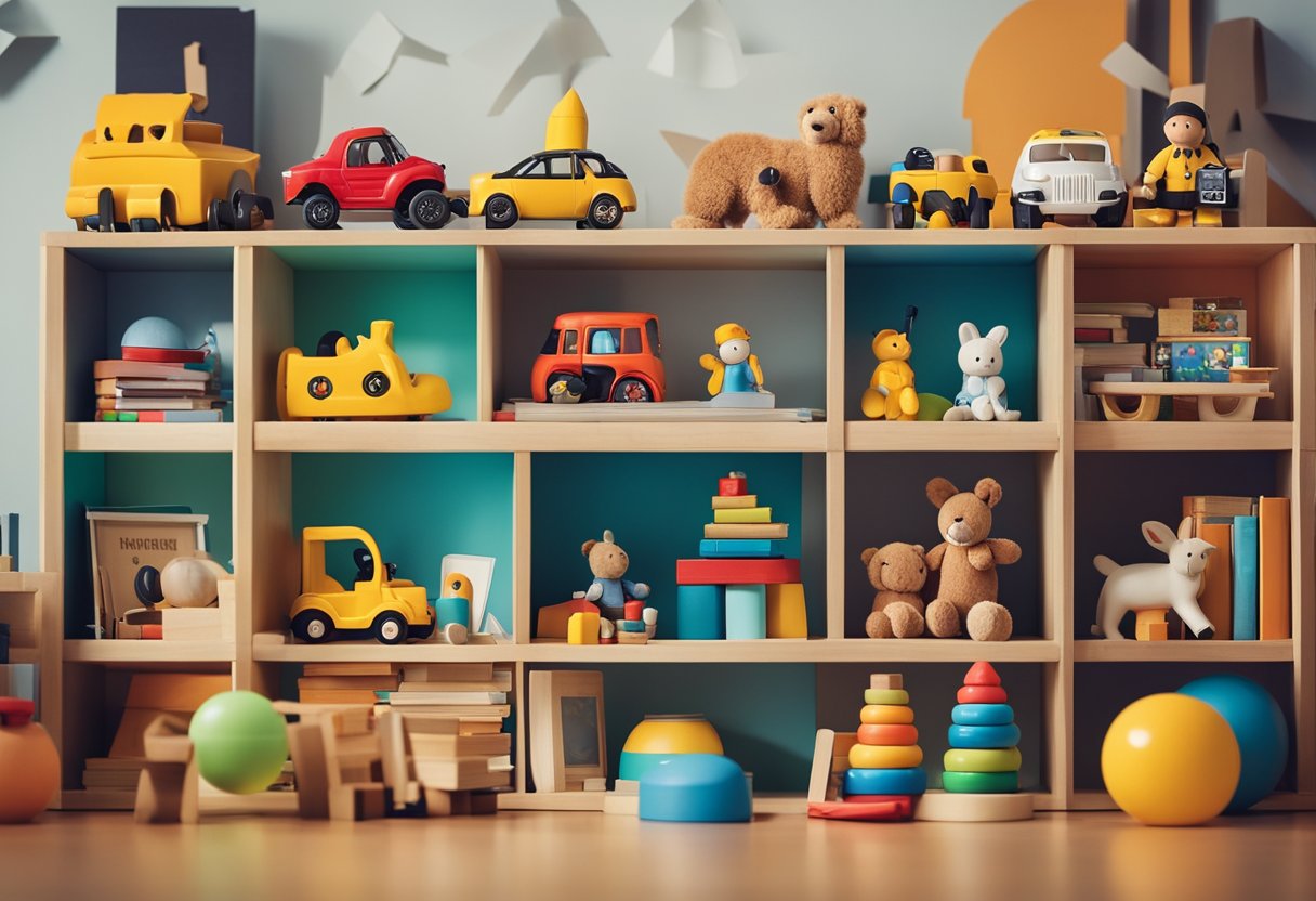 A child's toy room with gender-neutral toys and books, showing diverse representations of people and activities